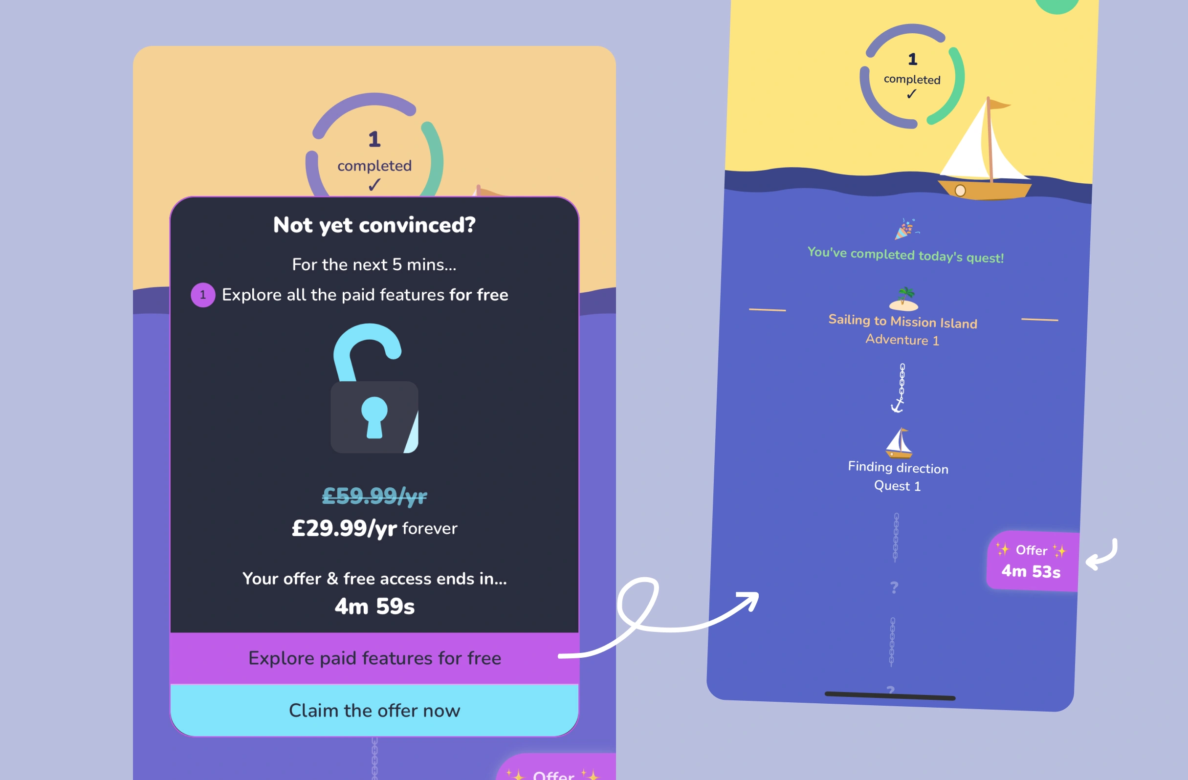 GoalQuest using Scarcity to encourage exploration of paid features with a limited-time access.